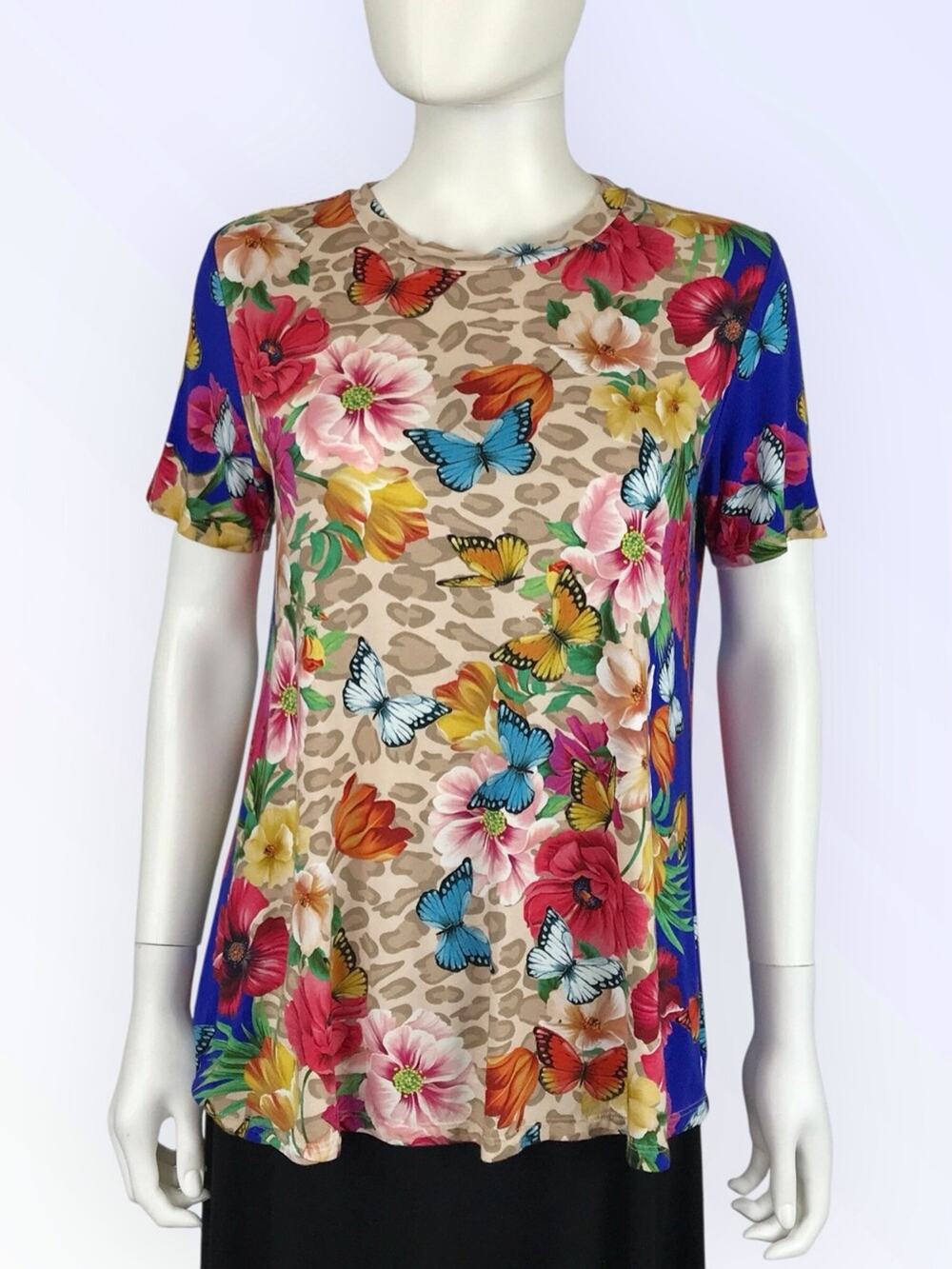 Johnny Was Floral & Butterfly Leopard Tee Short Sleeve Swing Boho Blue Tan Pink